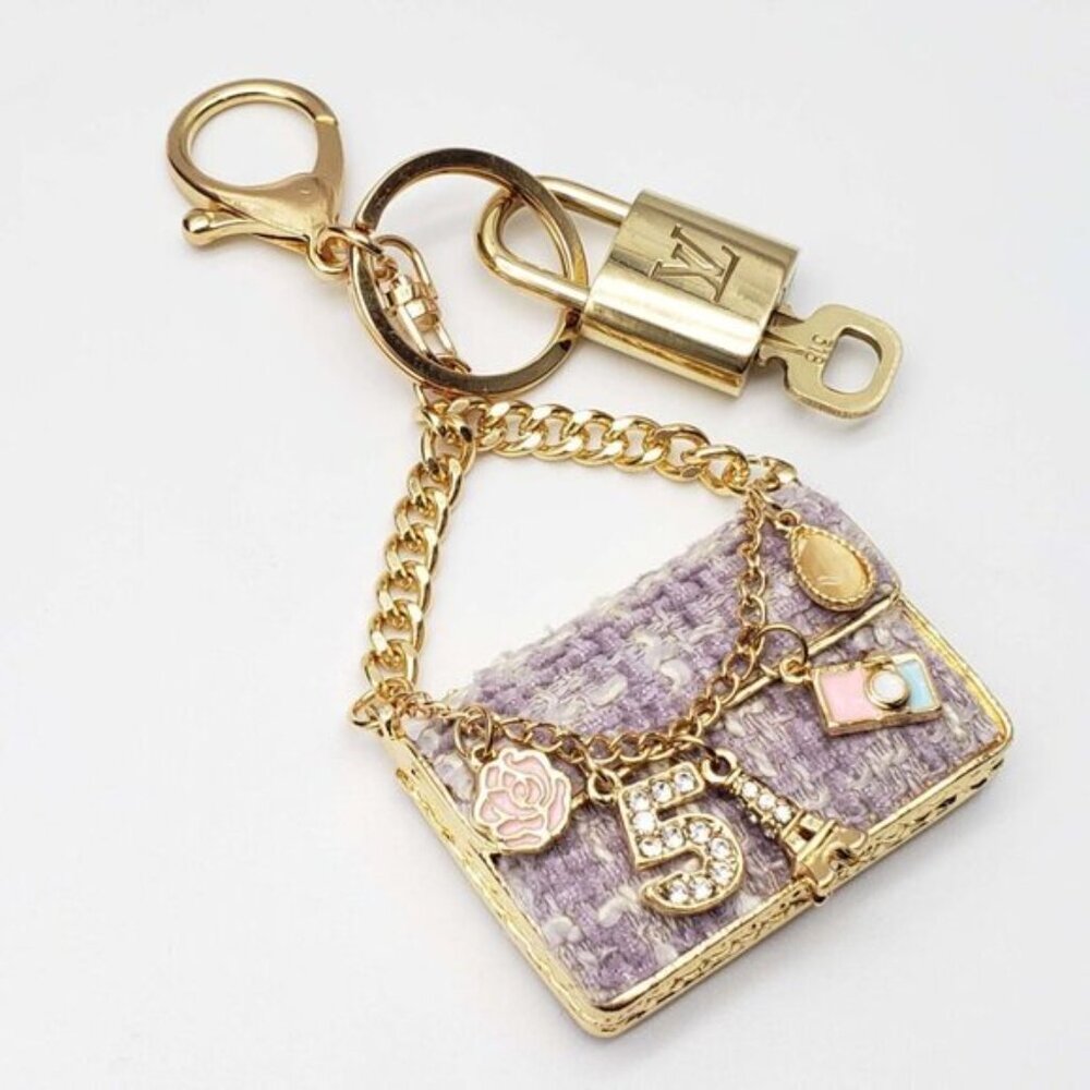 Authentic Louis Vuitton Padlock & Key Gold ✨Unbranded Tweed Bag Charm Keychain - Picture 7 of 9